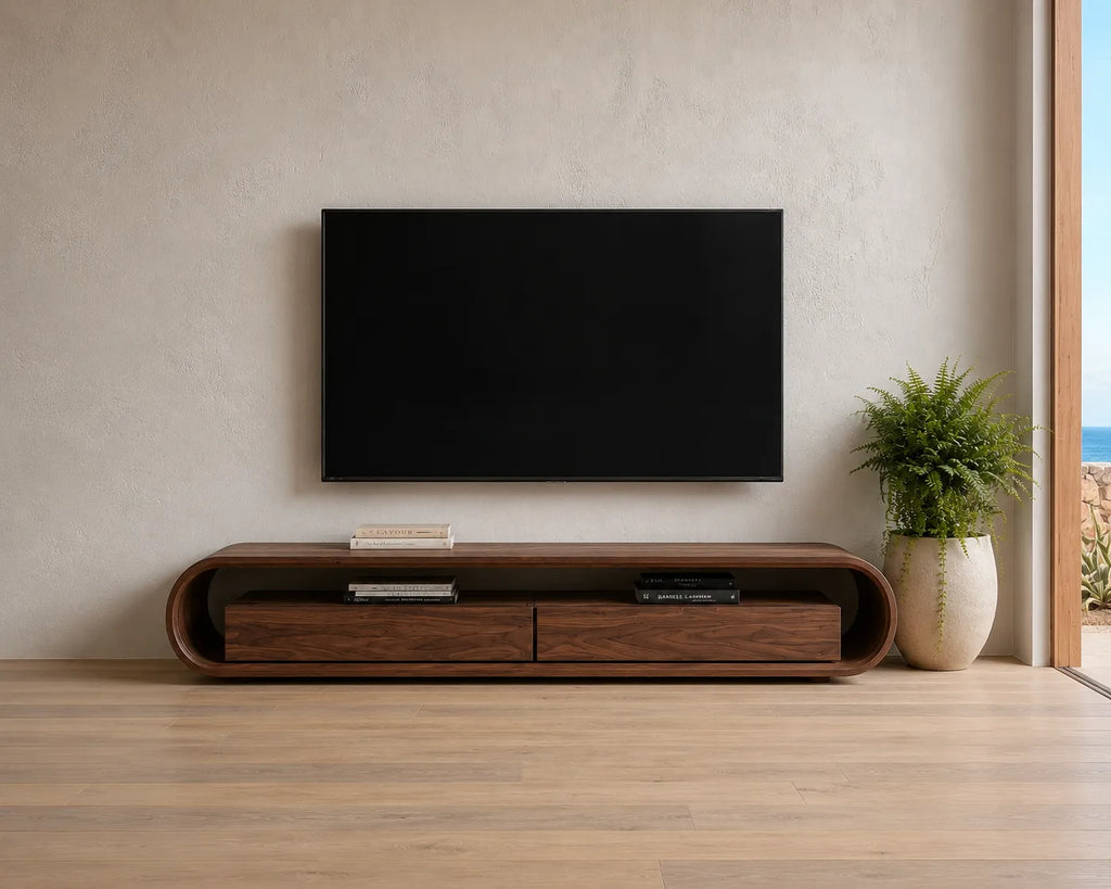 Capsule Natural Solid Wood TV Stand with Open Shelf Media Storage