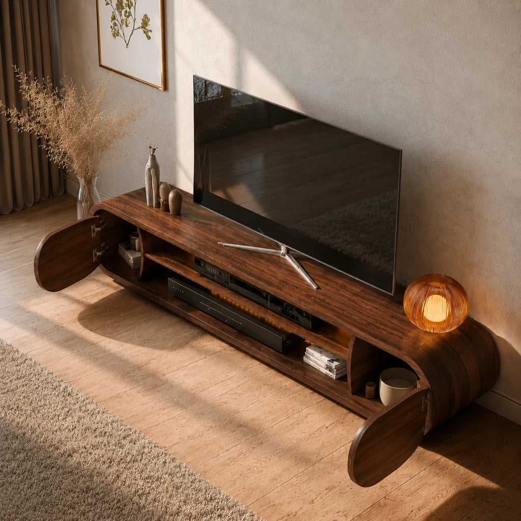Rounded Modern TV Stand with Open Media Storage and Ambient Lighting