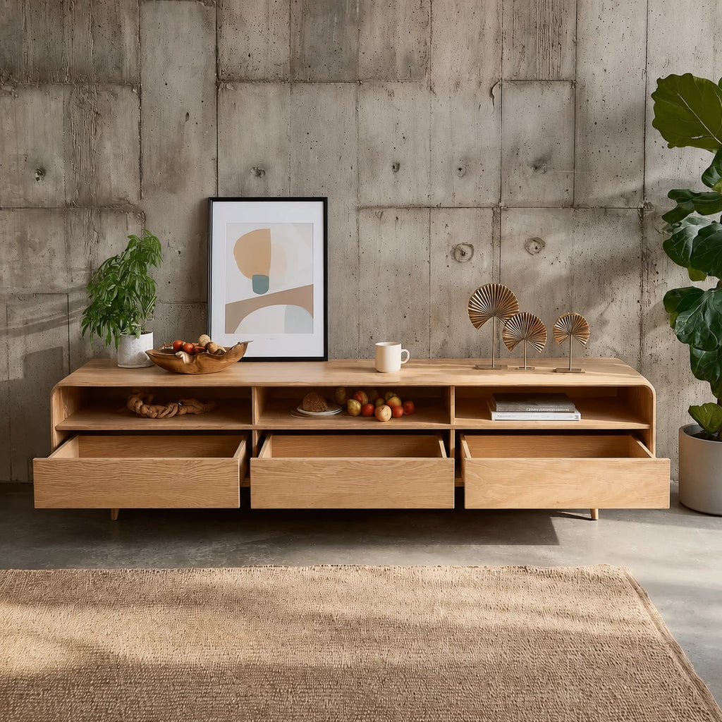 Scandinavian Natural Solid Wood TV Stand with Open Shelf Storage