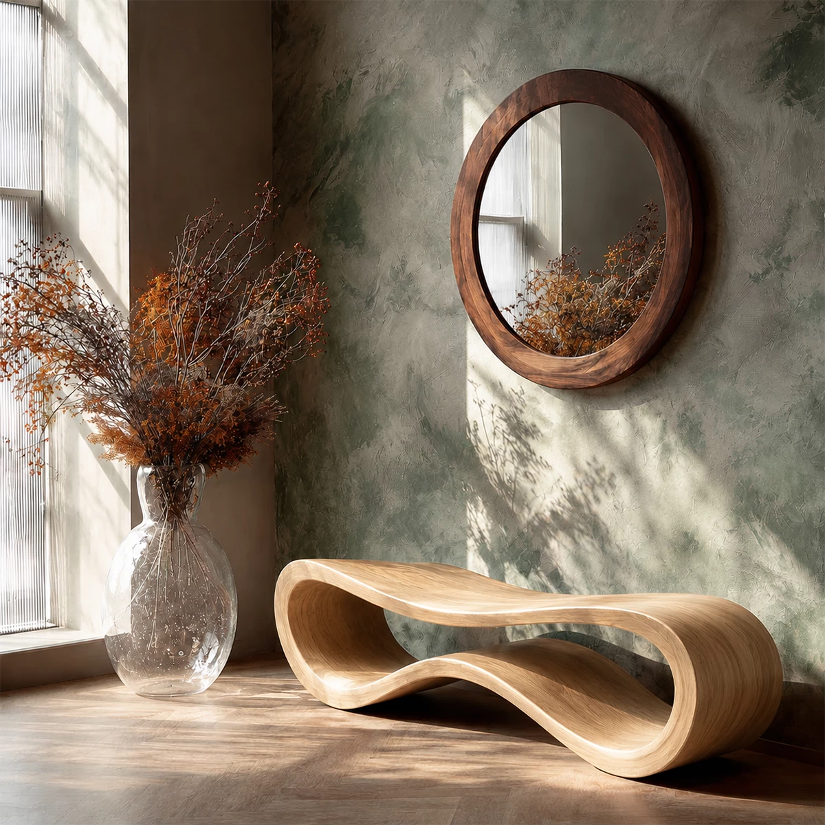 Sculptural Wave Wood Bench – Organic Natural Wood Entryway Bench for Modern Interiors