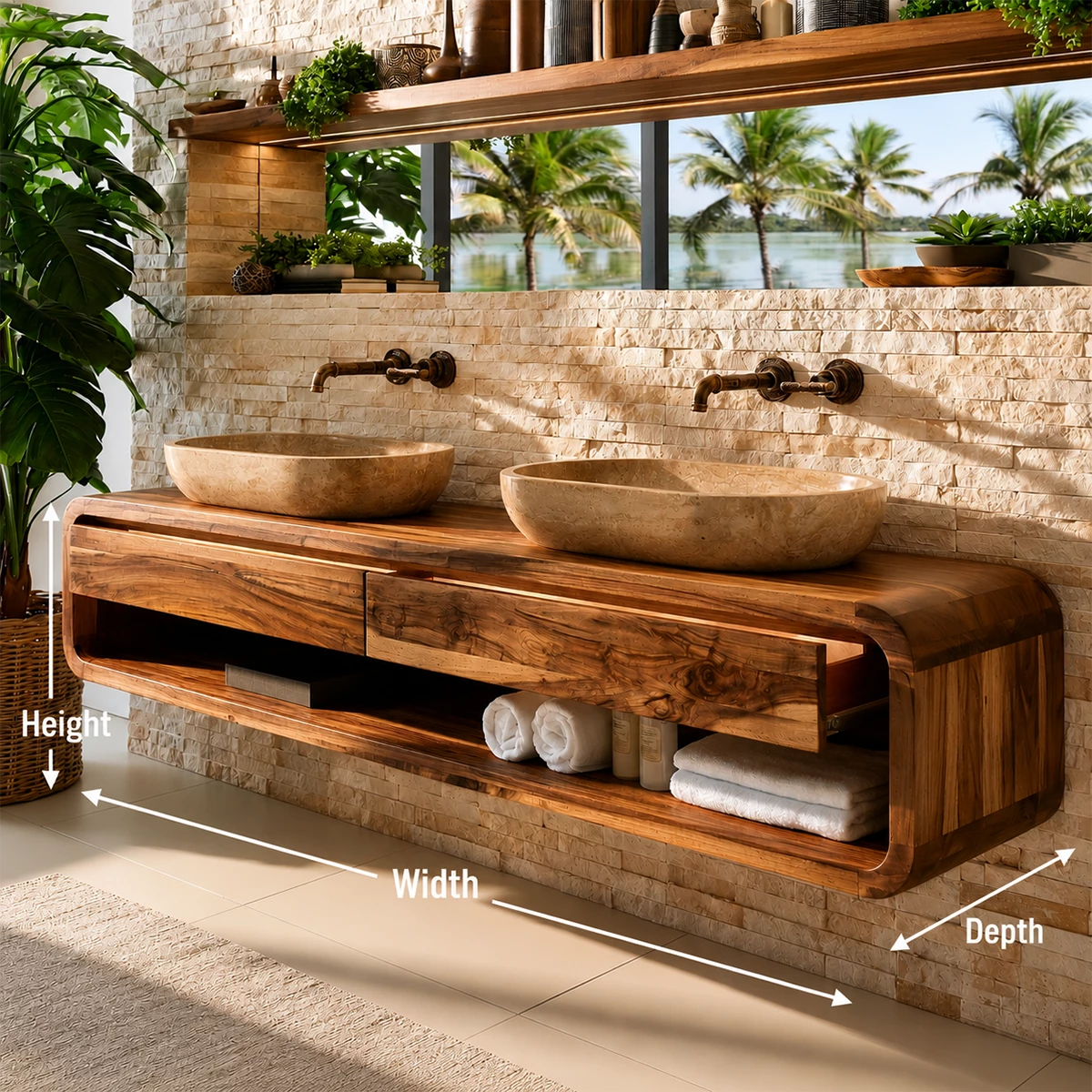 Double Sink Floating Bathroom Vanity With Rounded Wood Frame & Open Storage