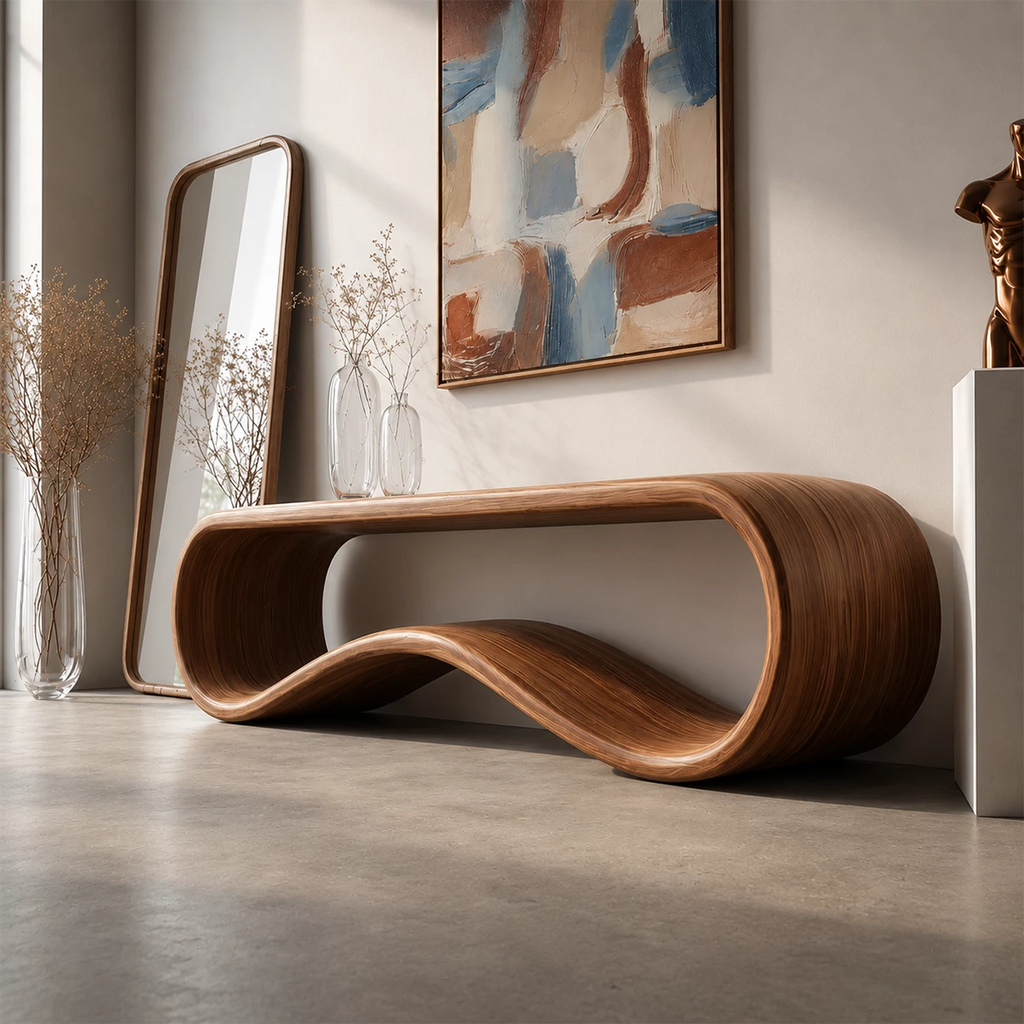 Sculptural Wave Wood Console Table – Organic Natural Wood Entryway Table for Modern Interior