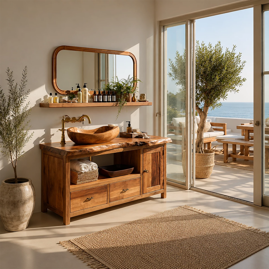 Rustic Solid Wood Bathroom Vanity With Vessel Sink & Open Storage