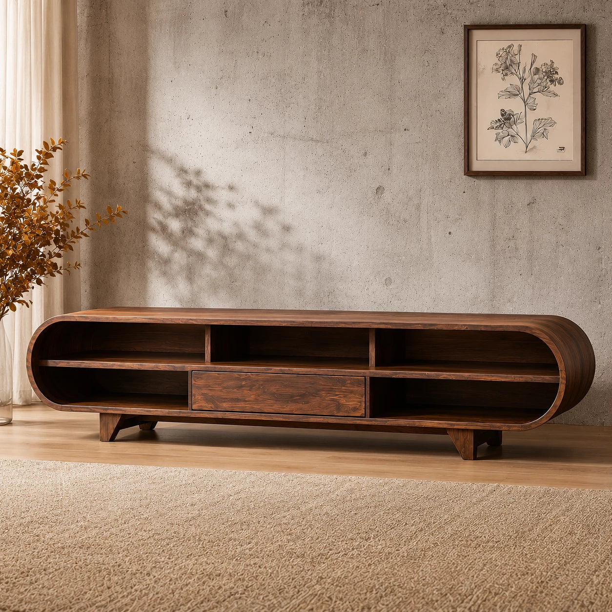 Rounded Edge Natural Solid Wood TV Stand with Open Media Storage