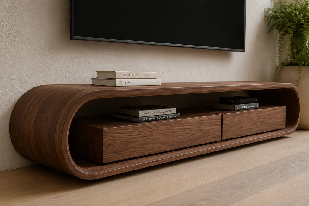 Capsule Natural Solid Wood TV Stand with Open Shelf Media Storage