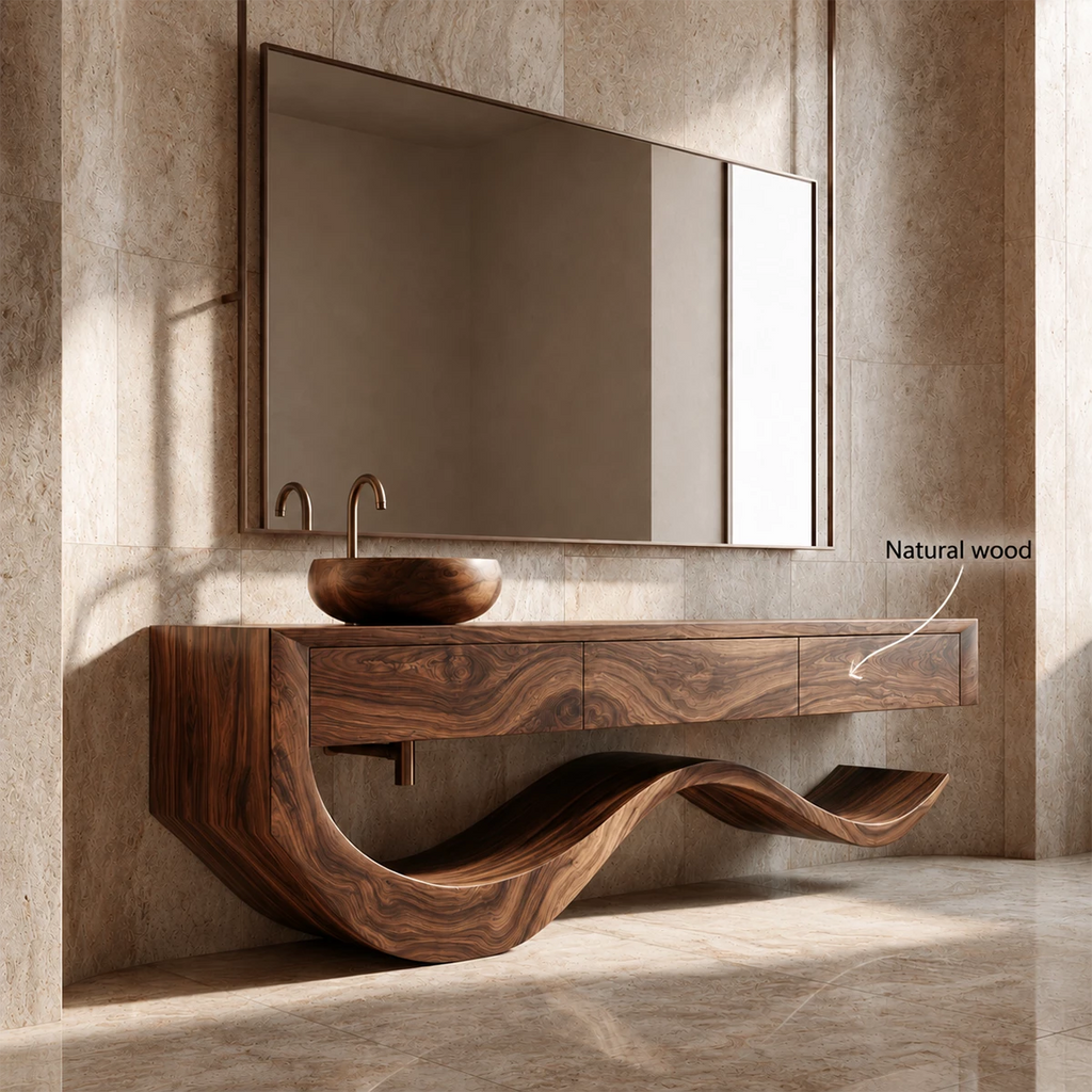 Organic Bathroom Vanity With Sculptural Wave Solid Wood Base