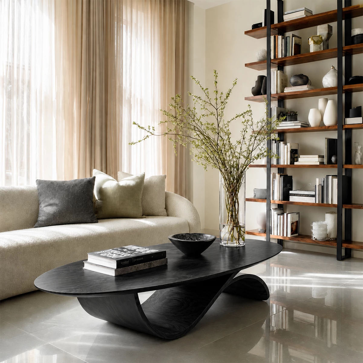 Oval Sculptural Coffee Table Crafted from Natural Solid Wood