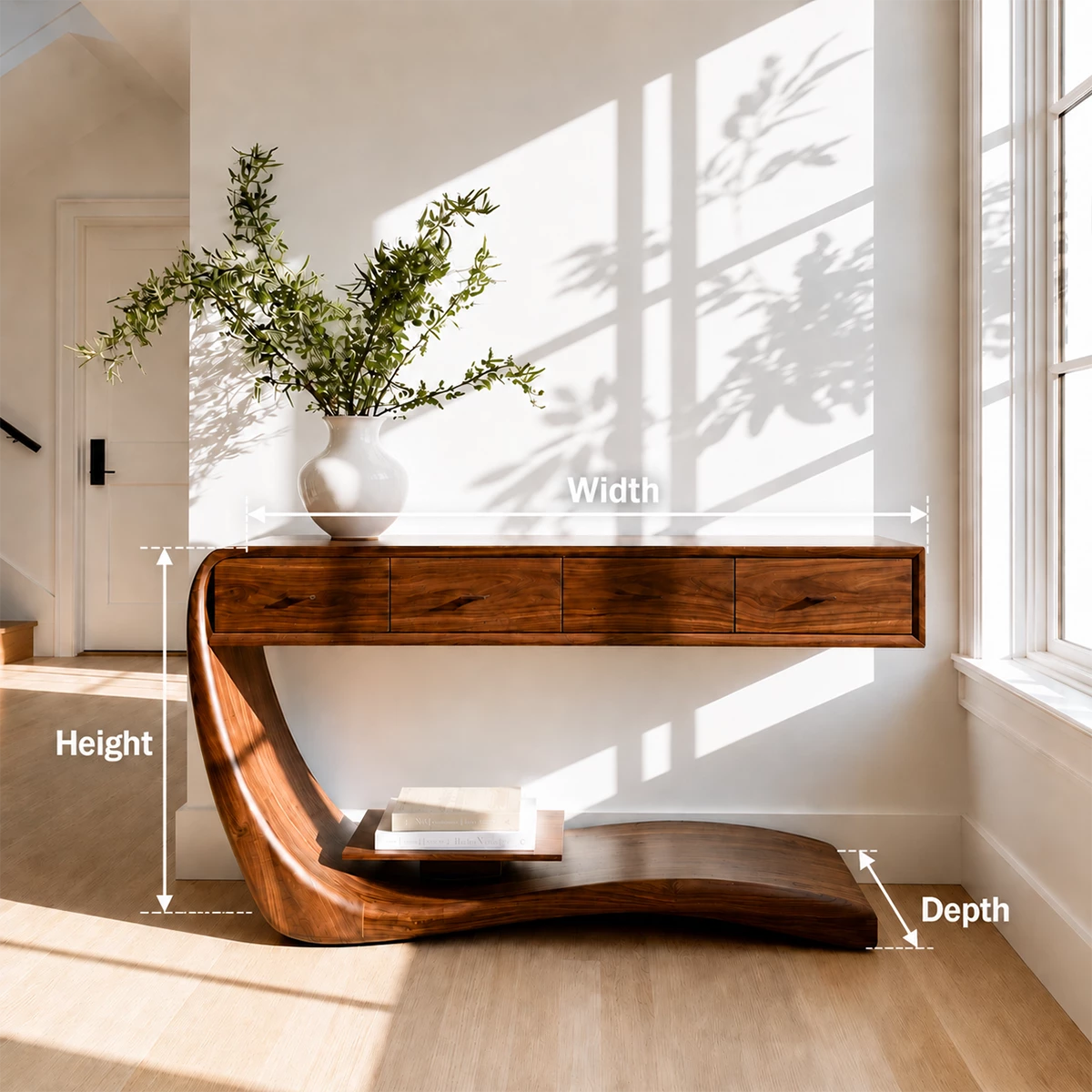 Natural Solid Wood Console Table with Four Drawers Sculptural Cantilever Style