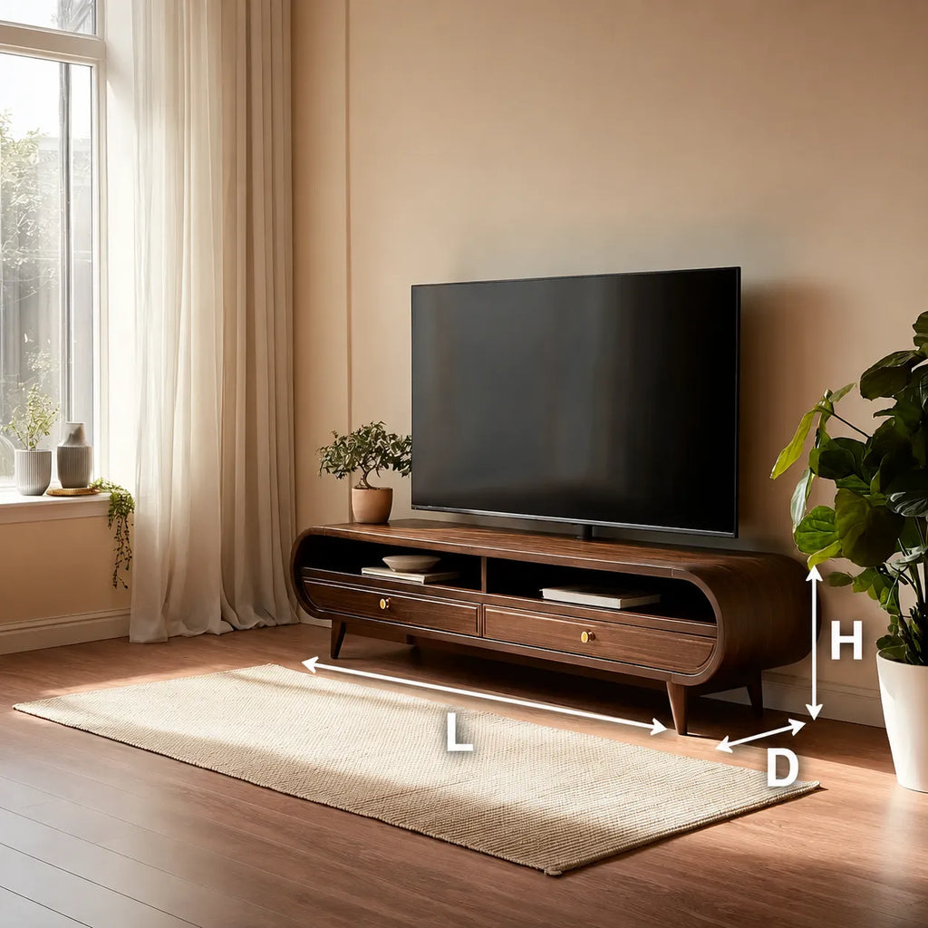 Retro Natural Solid Wood TV Stand with Rounded Edge Media Storage