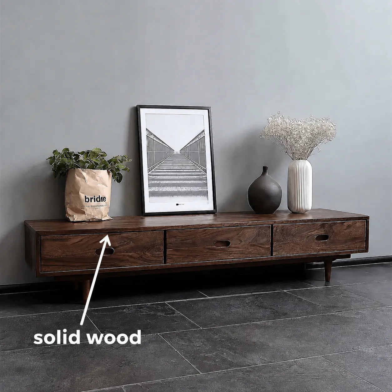 Scandinavian Natural Solid Wood TV Stand with Three Drawer Storage