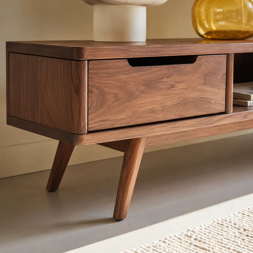 Mid Century Natural Solid Wood TV Stand with Open Shelf Storage