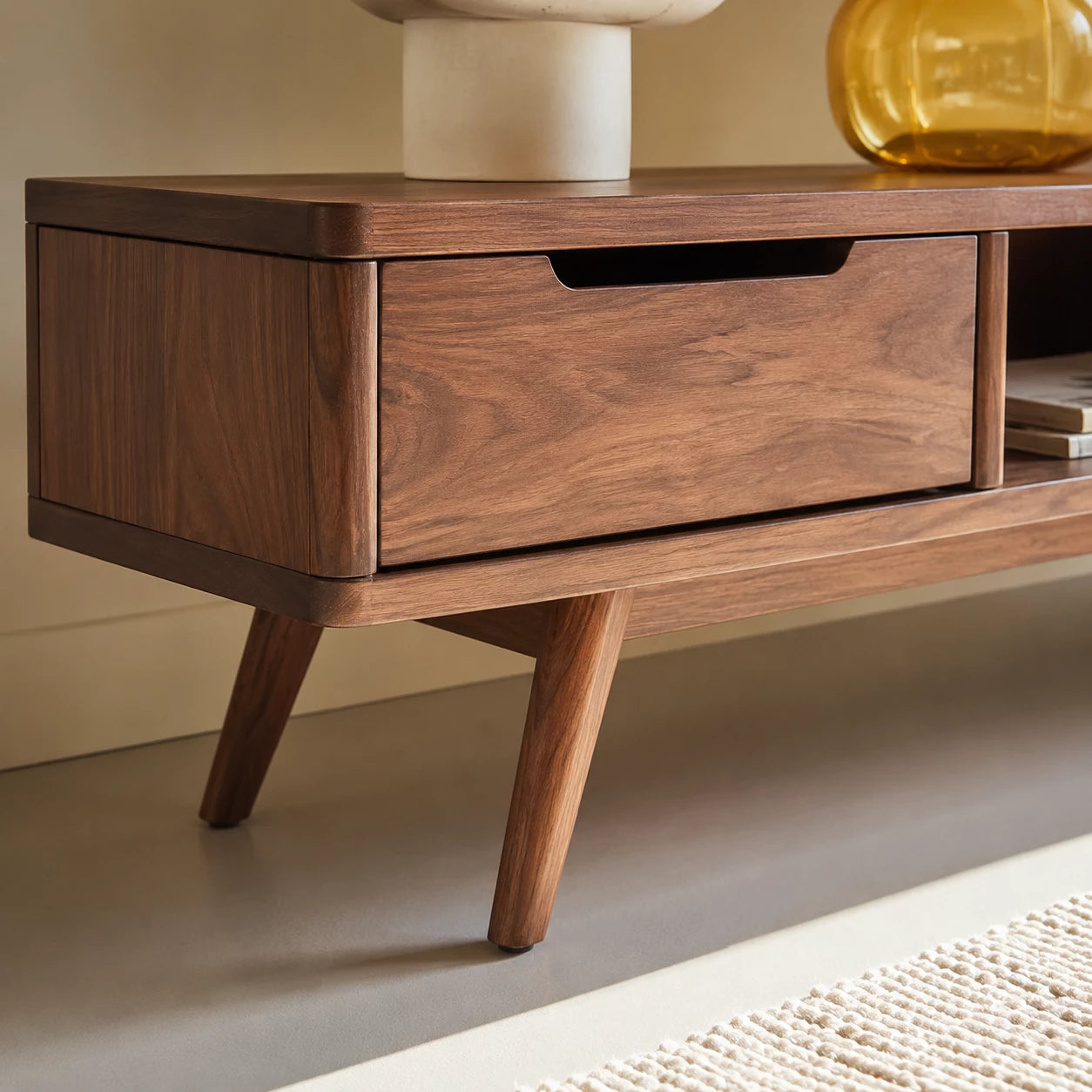 Mid Century Natural Solid Wood TV Stand with Open Shelf Storage