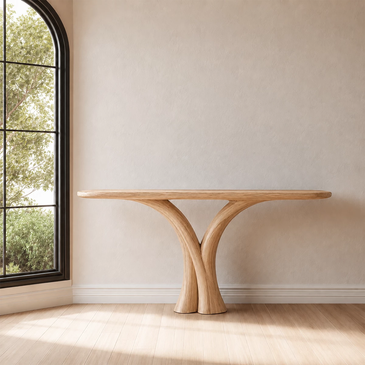 Sculptural Twin Arch Console Table in Natural Solid Wood