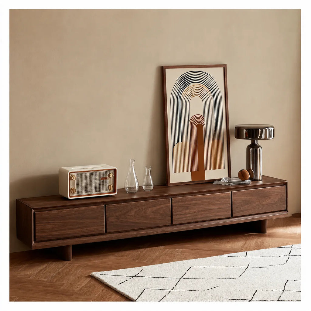 Modern Natural Solid Wood TV Stand with Four Drawer Storage Design