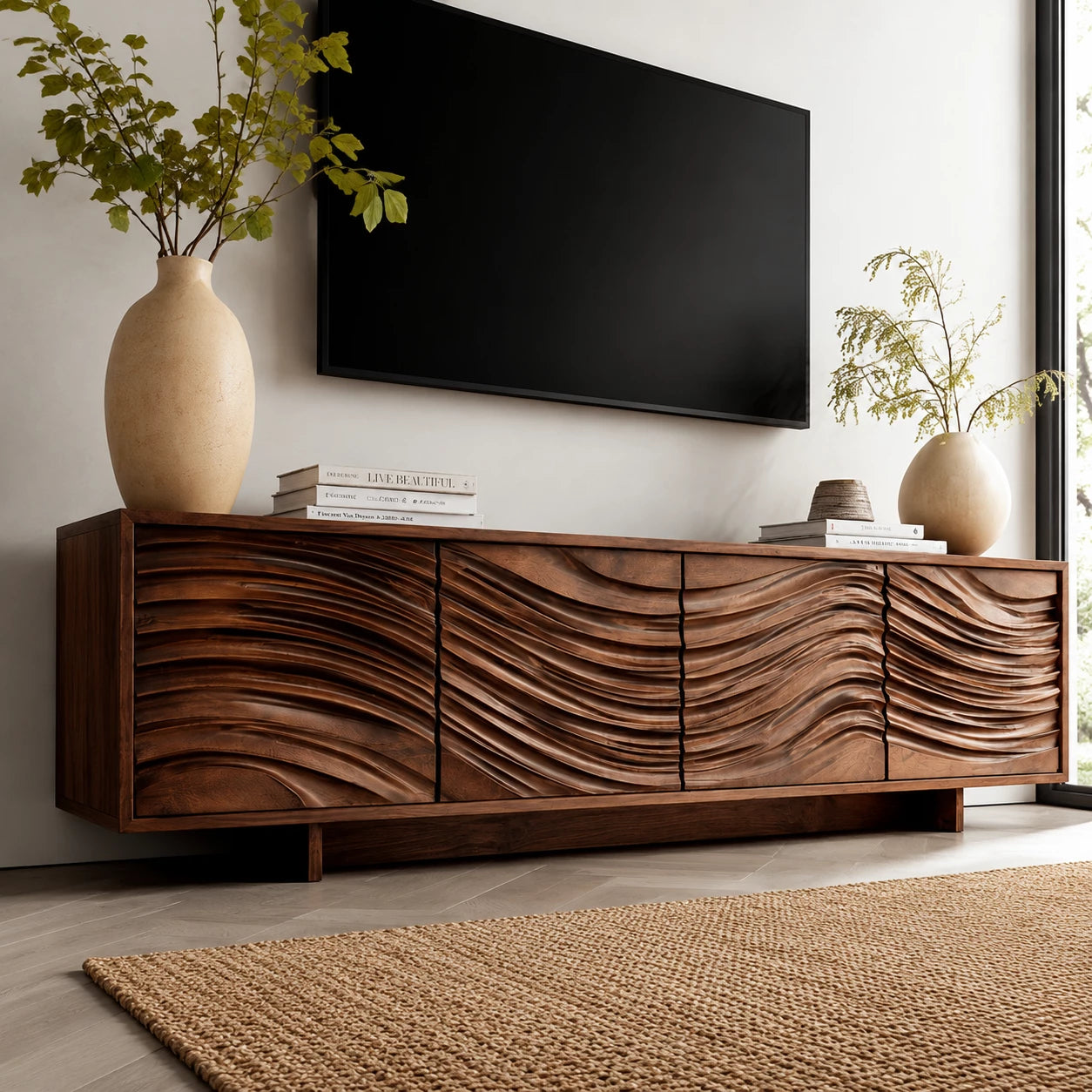 Artisan Wave Natural Solid Wood TV Stand with Sculpted Storage Doors