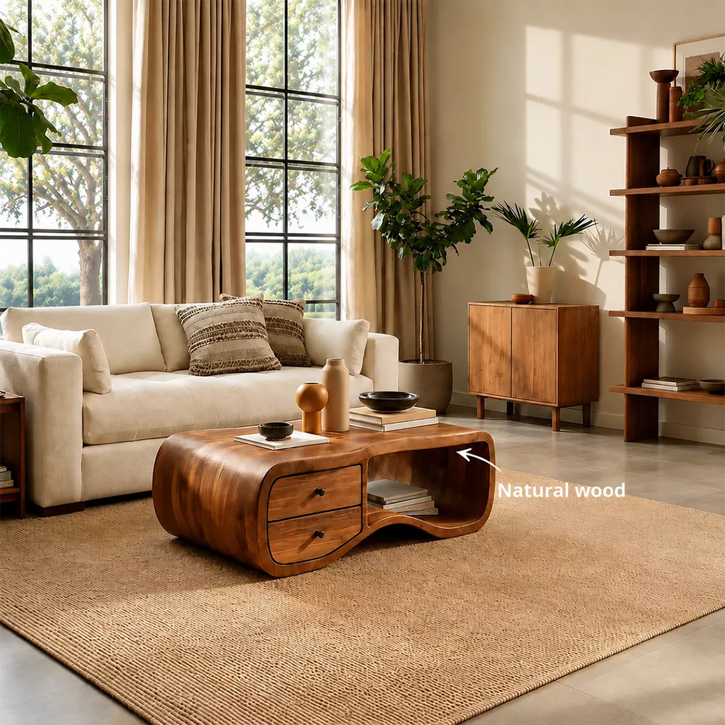 Curved Solid Wood Coffee Table With Double Storage Drawers Open Shelf And Rounded Waterfall Sides For Modern Living Room