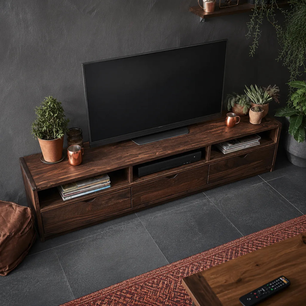 Rustic Natural Solid Wood TV Stand with Open Shelf Media Storage