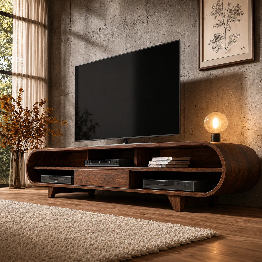Rounded Edge Natural Solid Wood TV Stand with Open Media Storage