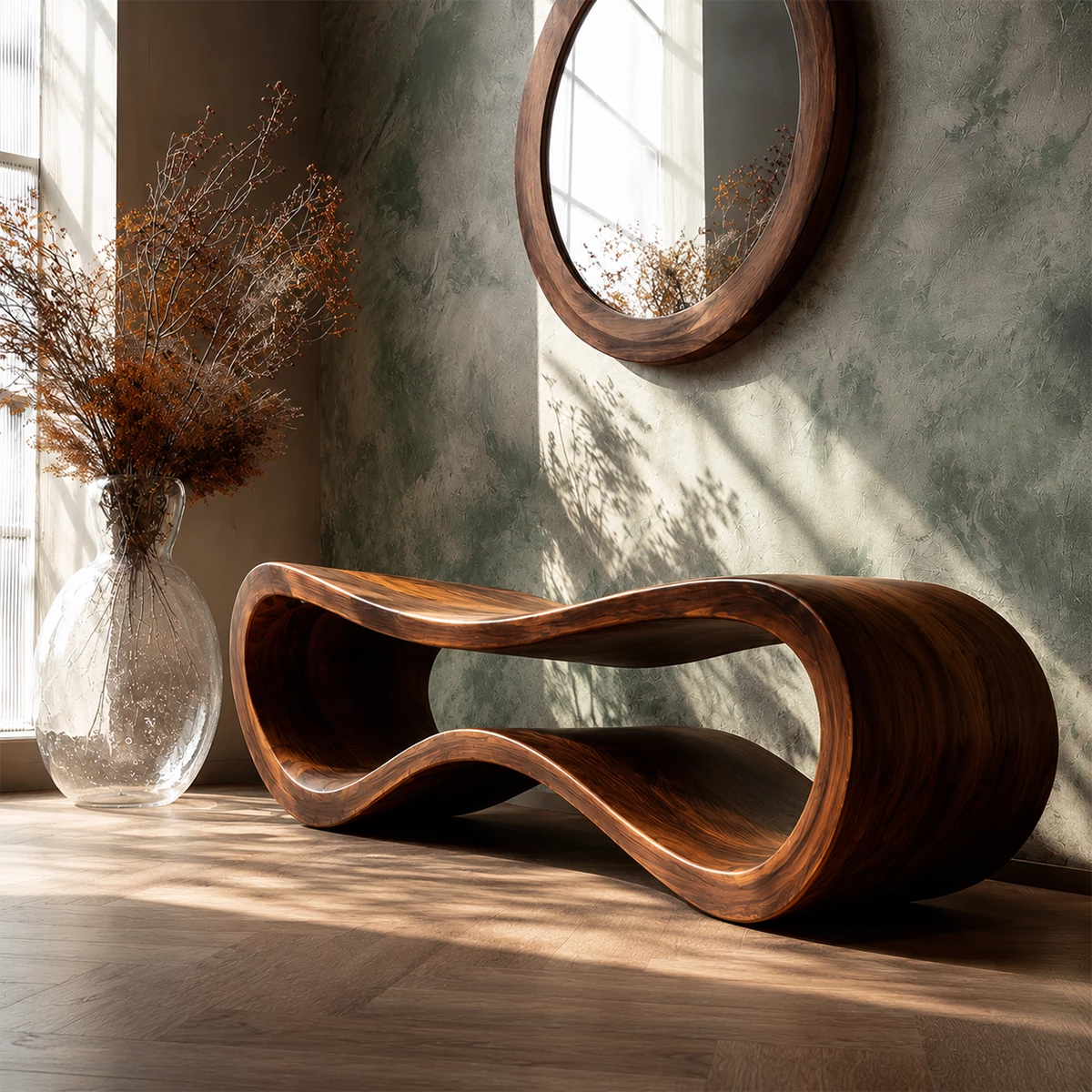 Sculptural Wave Wood Bench – Organic Natural Wood Entryway Bench for Modern Interiors