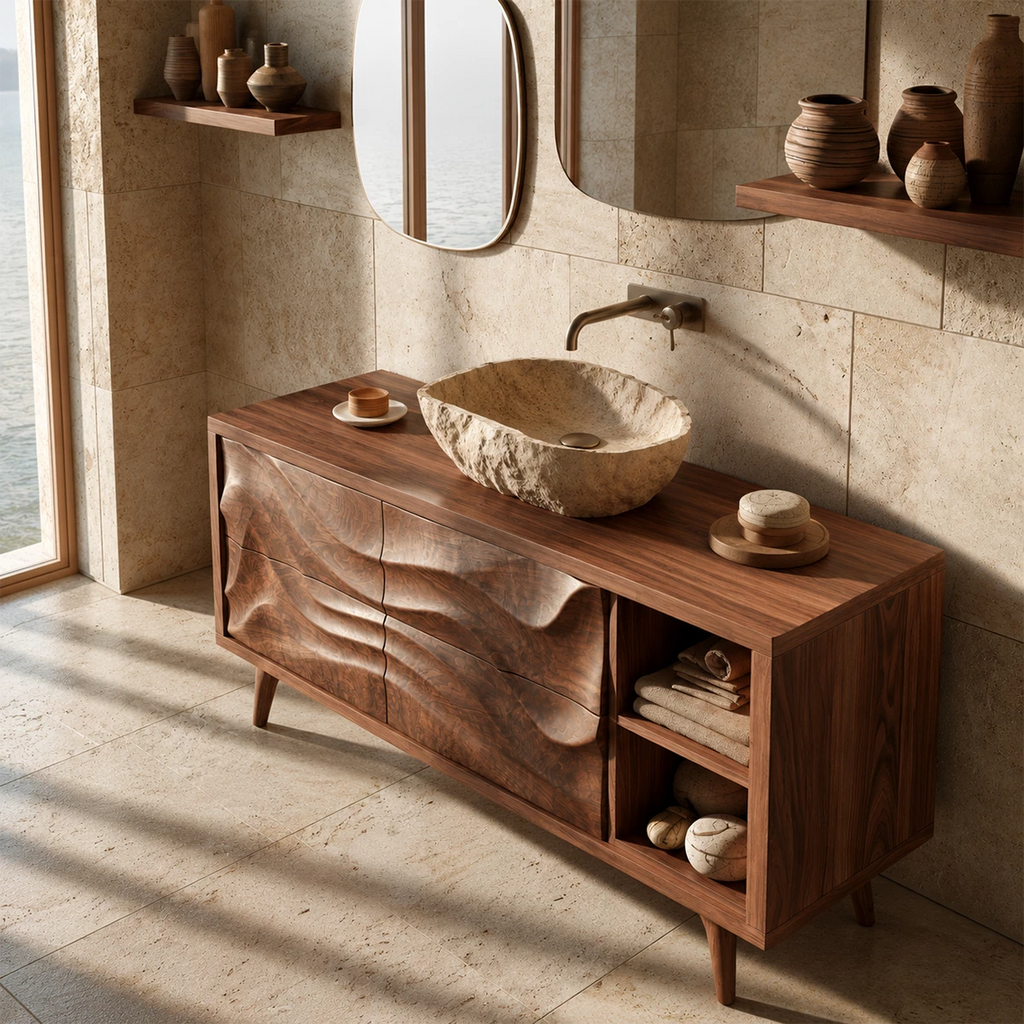 Natural Solid Wood Bathroom Vanity with Four Carved Drawers and Open Shelves