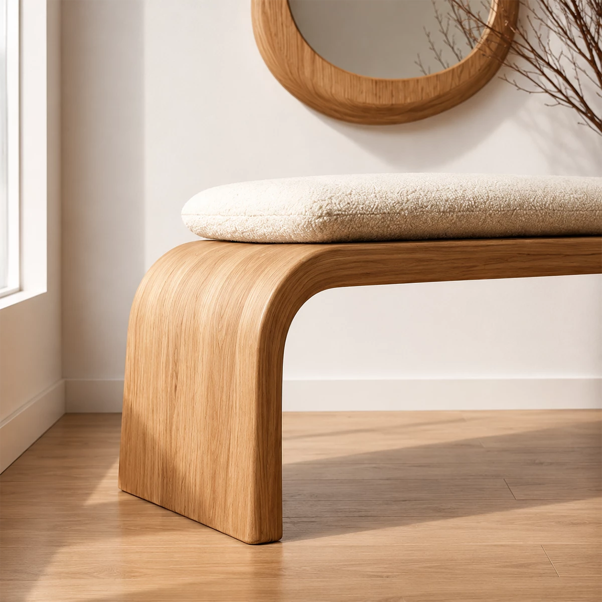 Upholstered Curved Wood Bench – Modern Entryway Bench with Natural Wood Frame