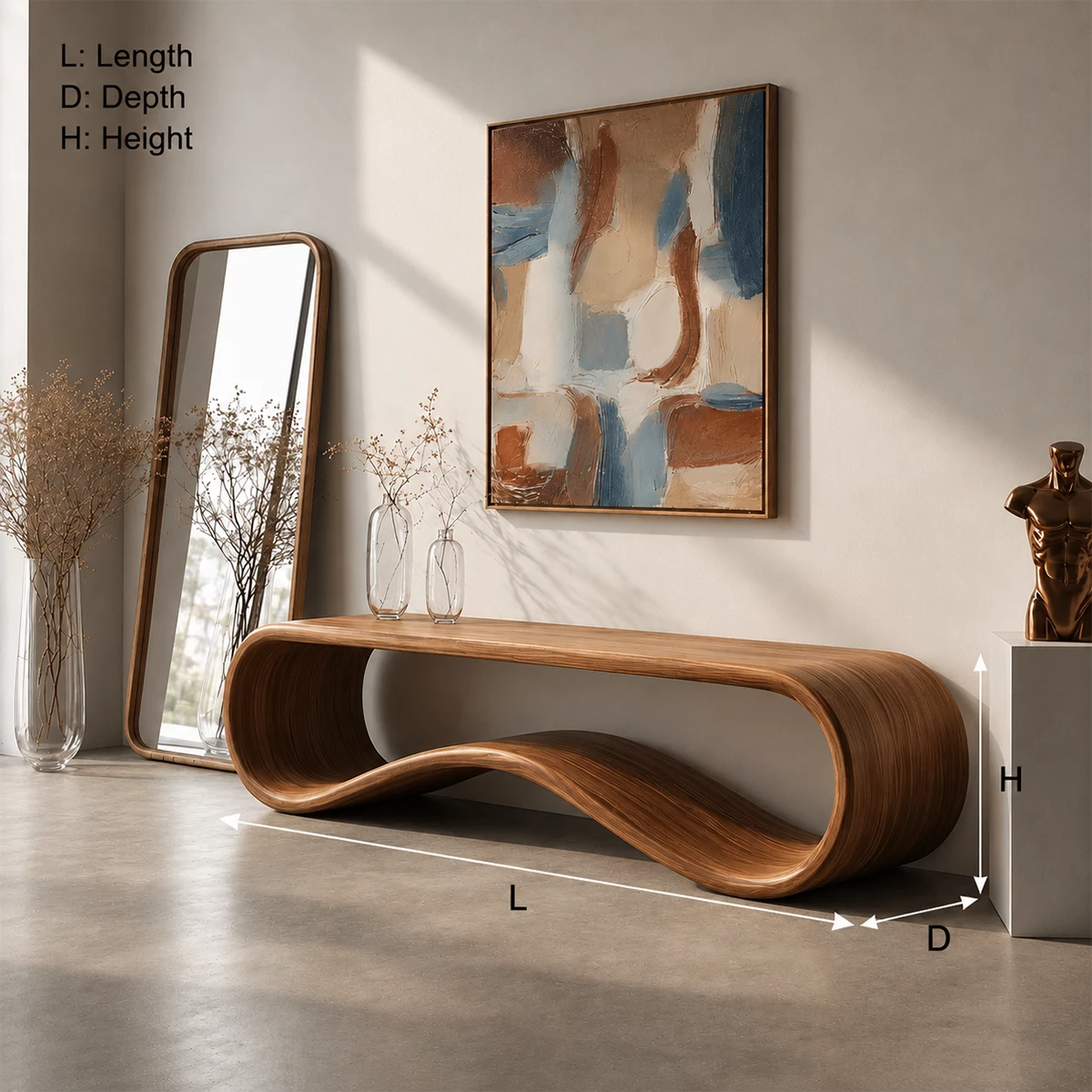 Sculptural Wave Wood Console Table – Organic Natural Wood Entryway Table for Modern Interior