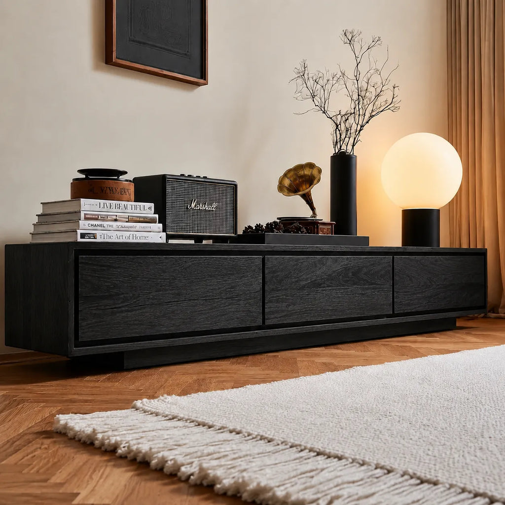 Contemporary Low Profile TV Stand with Seamless Storage Panels