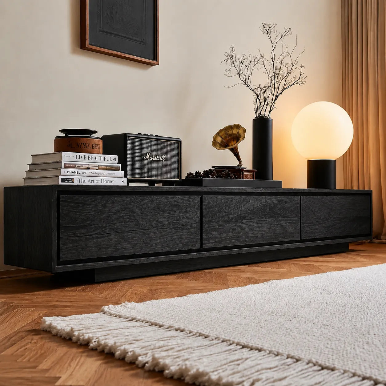 Contemporary Low Profile TV Stand with Seamless Storage Panels