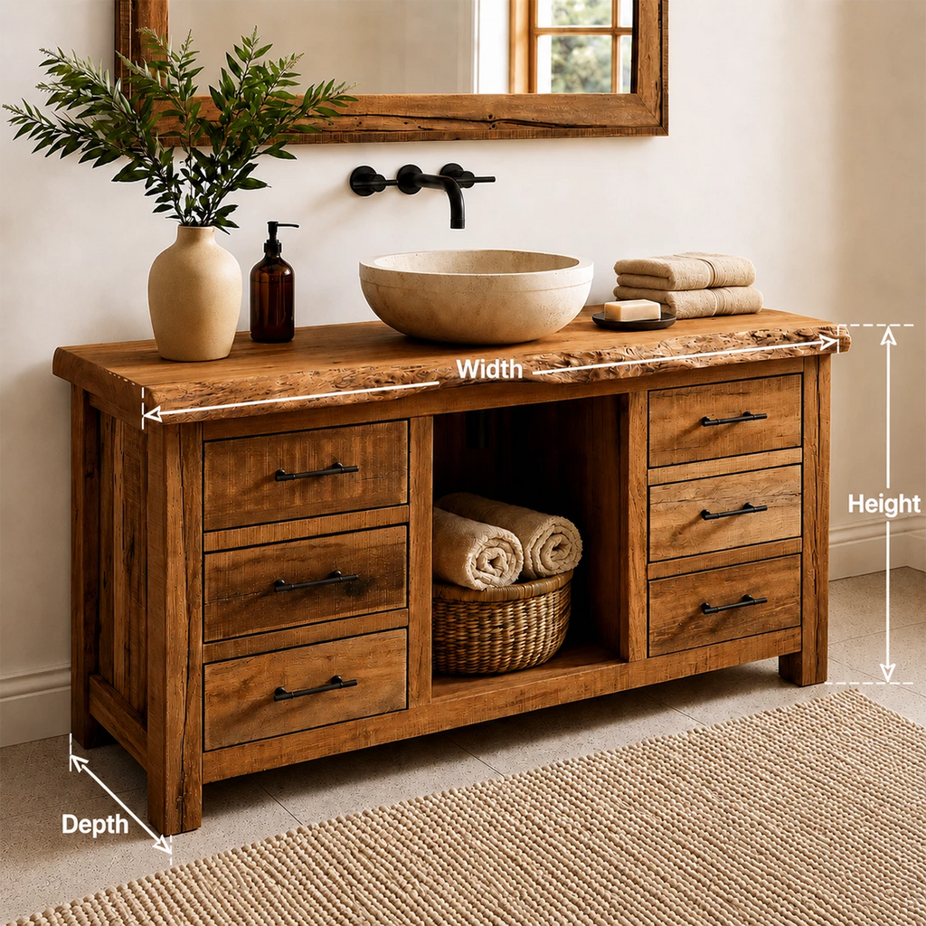 Rustic Solid Wood Bathroom Vanity With Live Edge Top & 6 Drawers