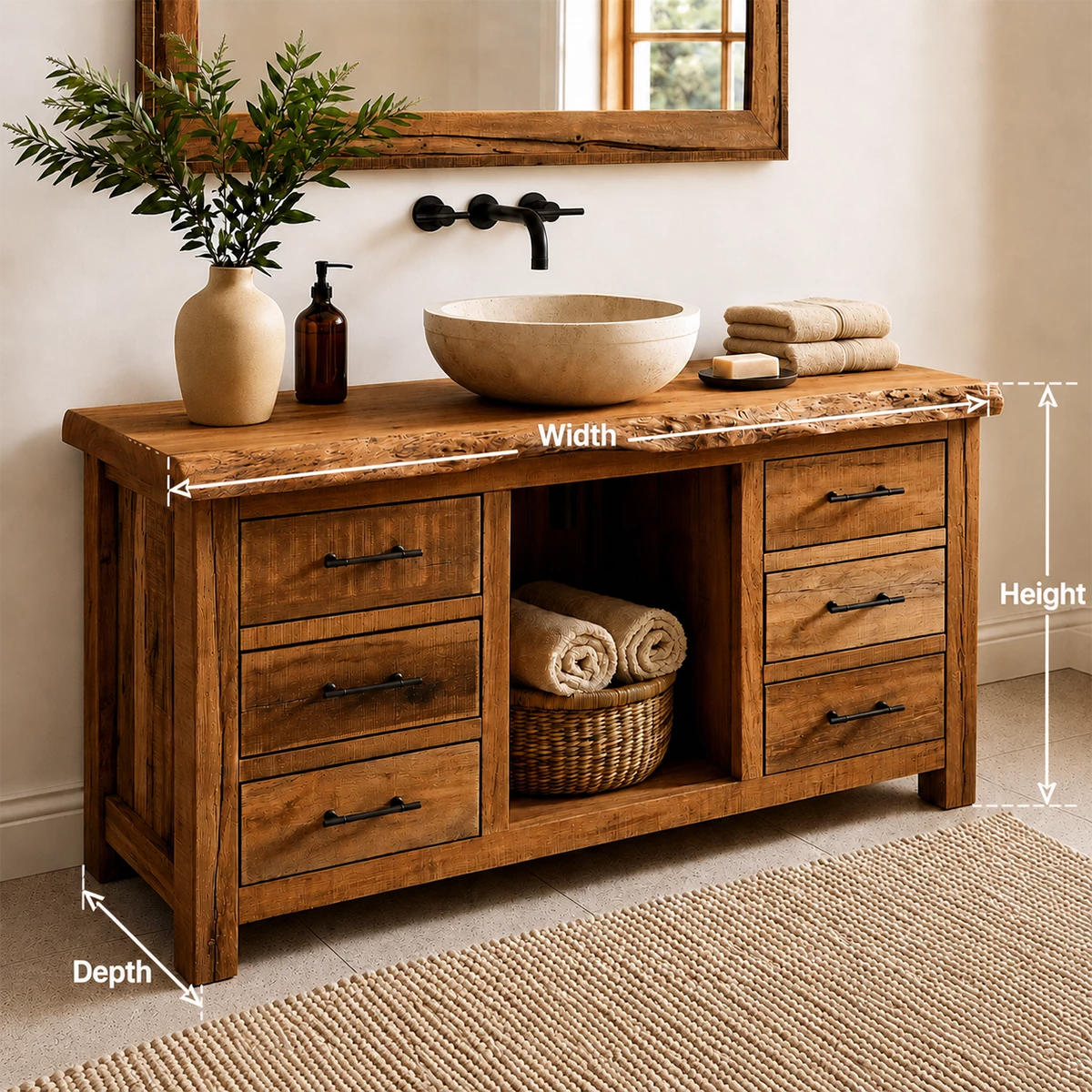 Rustic Solid Wood Bathroom Vanity With Live Edge Top & 6 Drawers