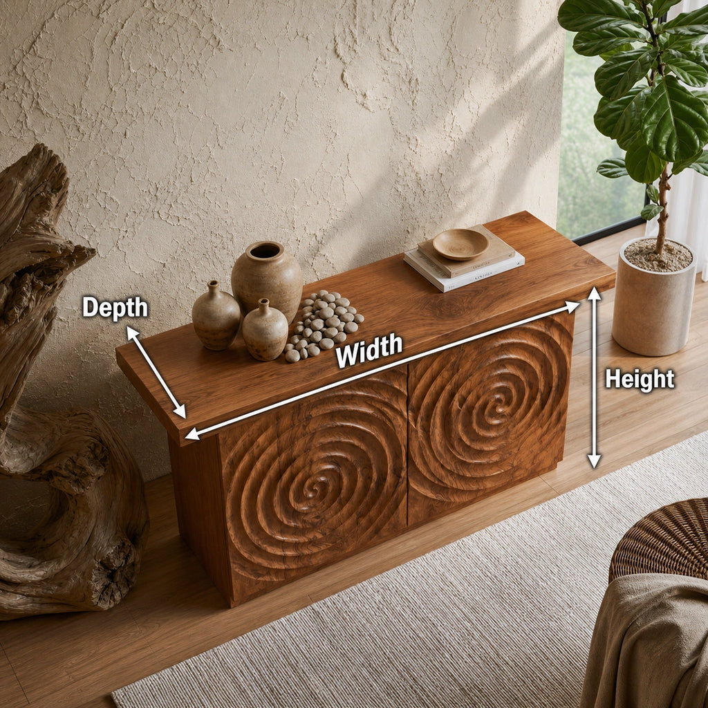 Spiral Carved Natural Solid Wood Sideboard Cabinet with Concealed Storage