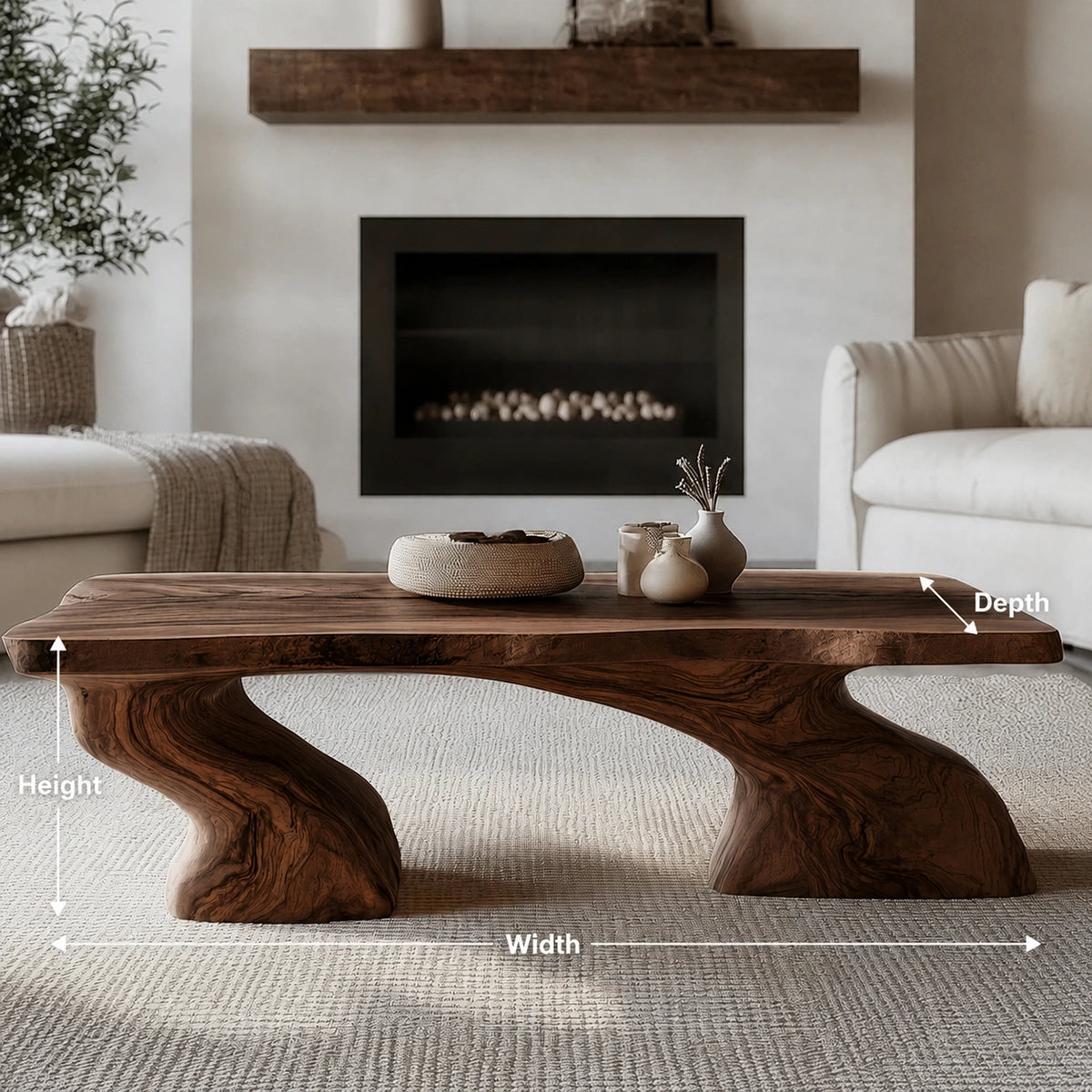 Natural Solid Wood Coffee Table with Sculptural Curved Base