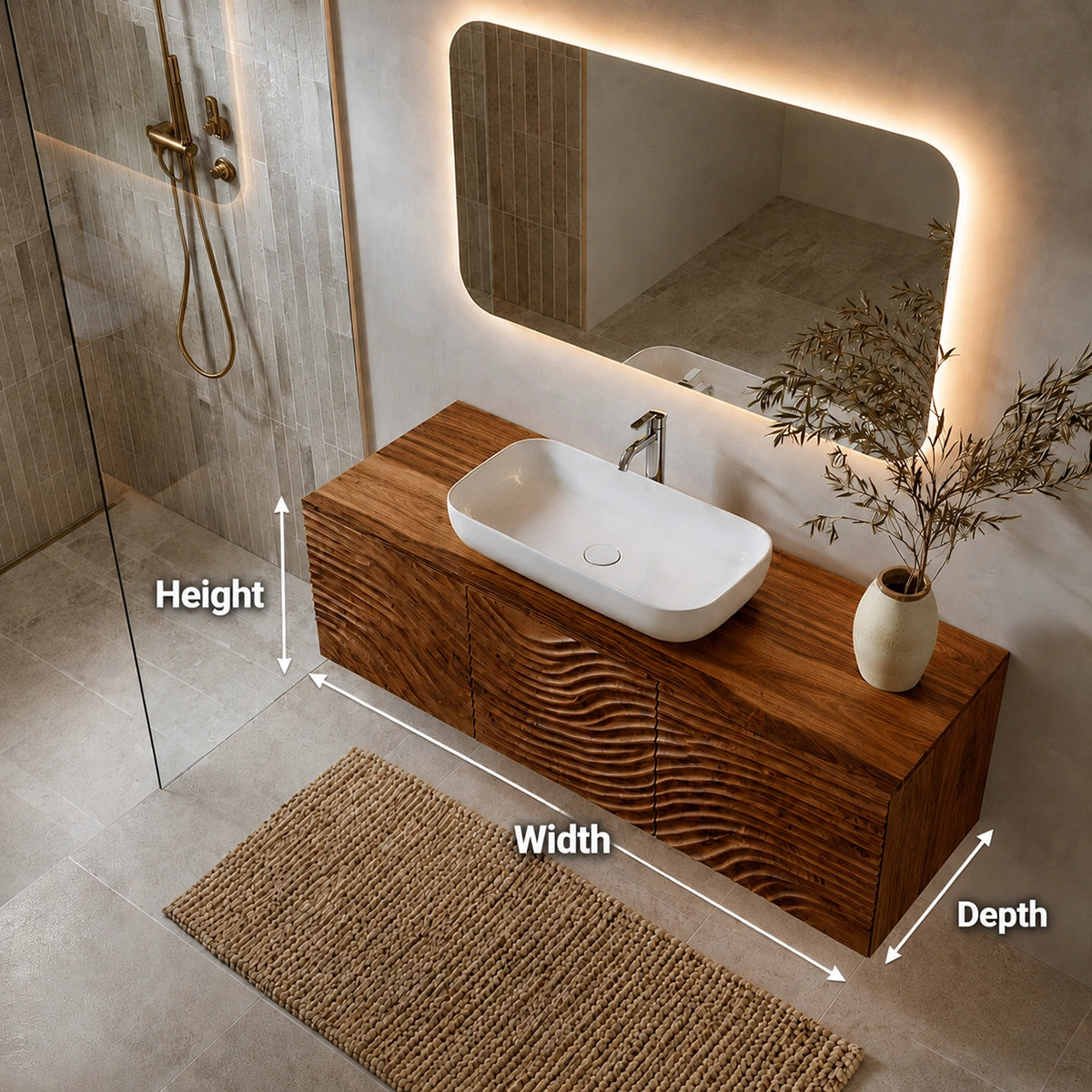 Natural Solid Wood Bathroom Cabinet – Sculpted Wave Modern Style