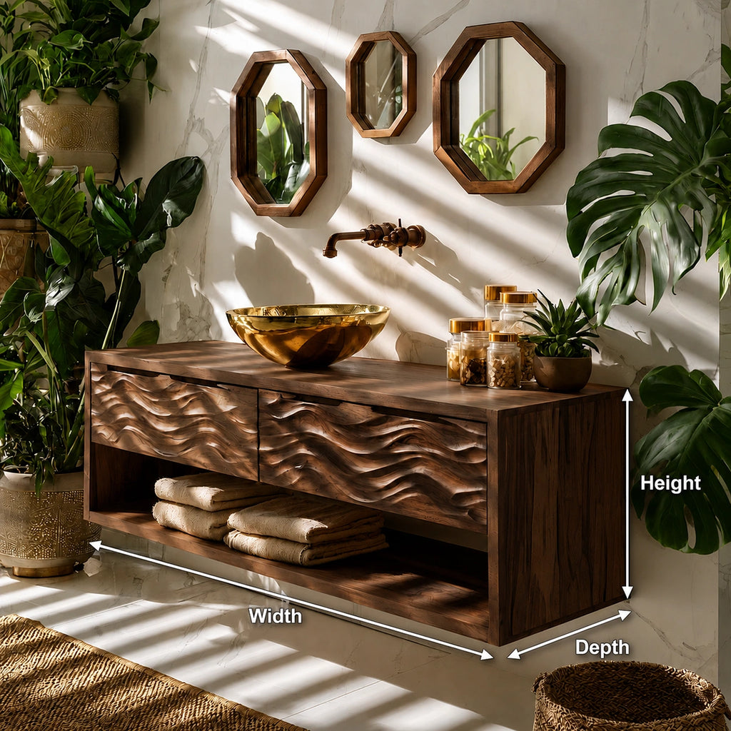 Natural Solid Wood Floating Bathroom Vanity with 2 Drawers and Open Shelf
