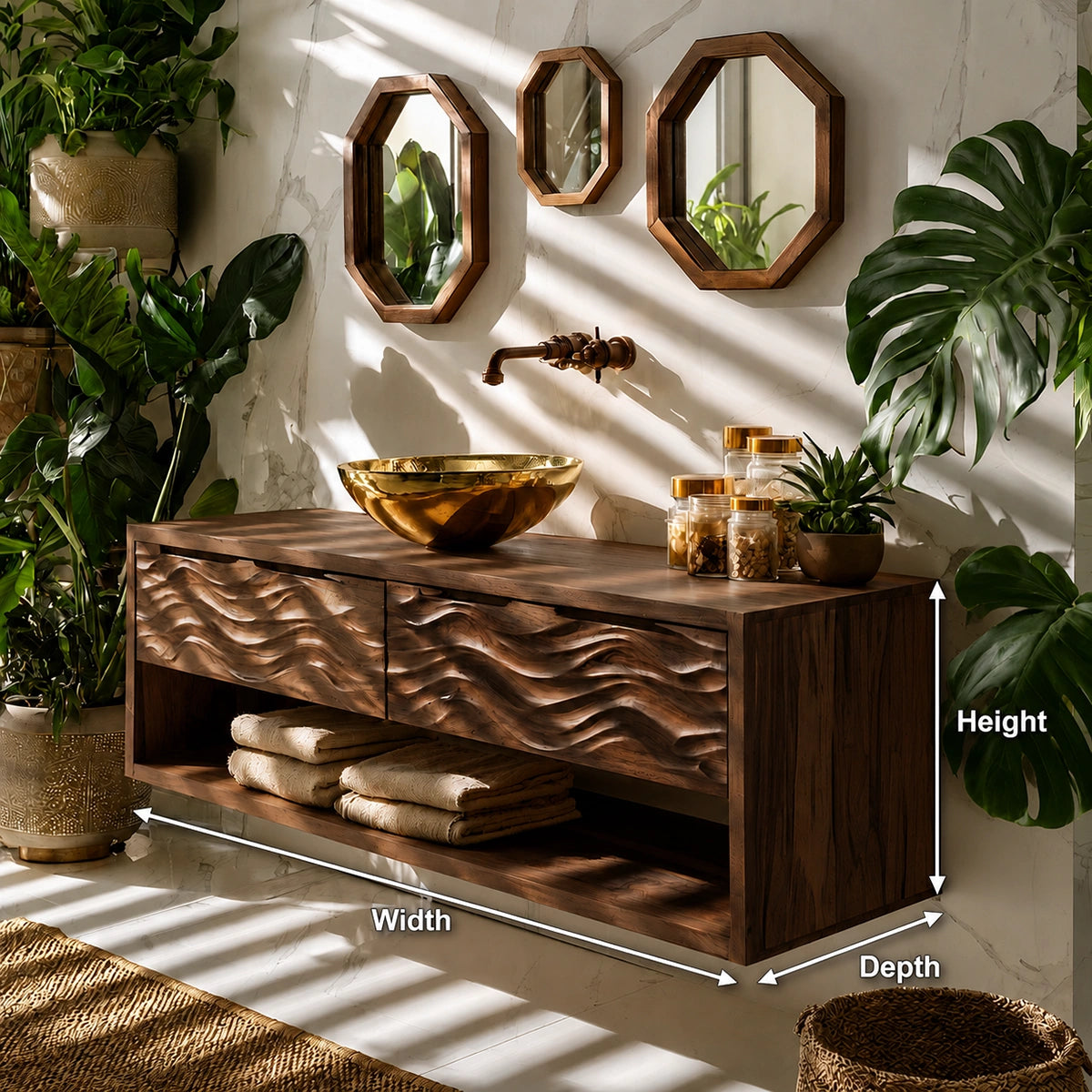 Natural Solid Wood Floating Bathroom Vanity with 2 Drawers and Open Shelf