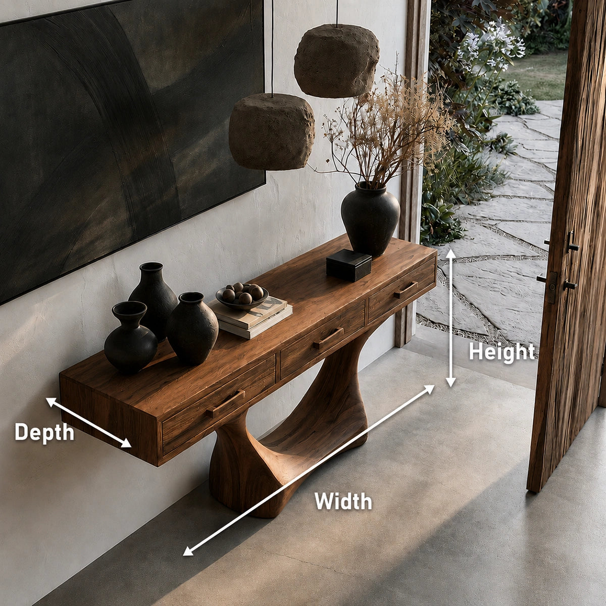 Natural Solid Wood Console Table with Three Drawers and Sculptural Pedestal Base