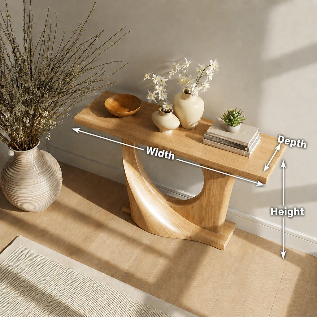 Natural Solid Wood Console Table with Sculptural Circle Base