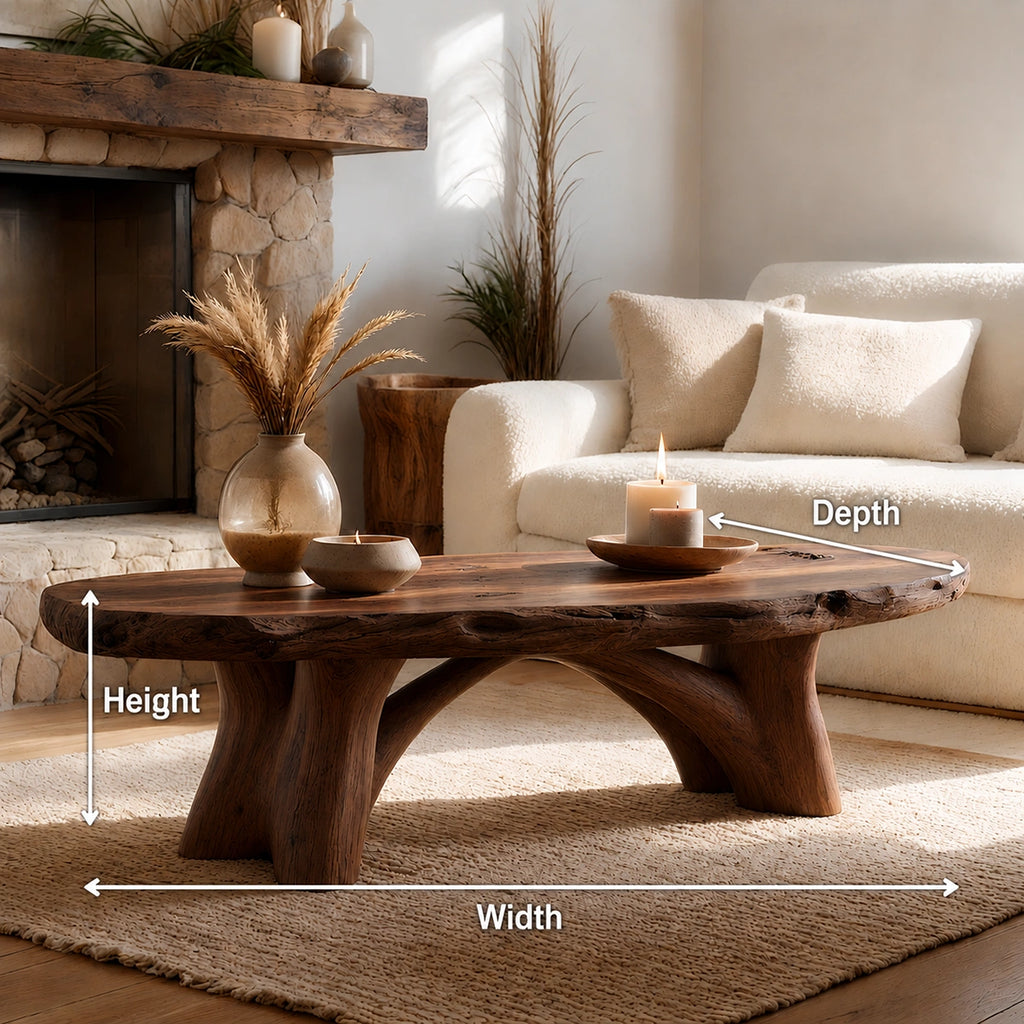 Natural Solid Wood Live Edge Coffee Table with Sculptural Branch Base