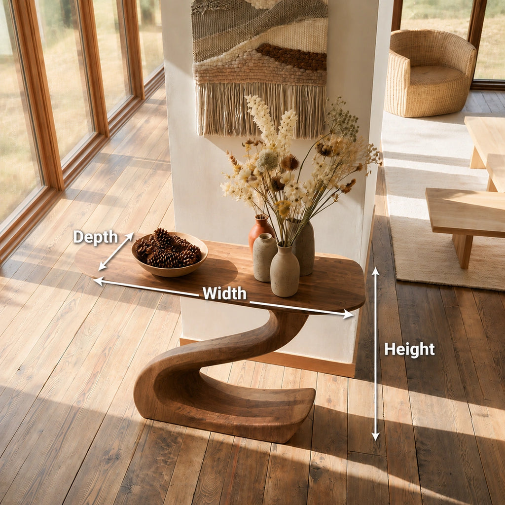 Sculptural Natural Solid Wood Console Table with Flowing S Curve Base