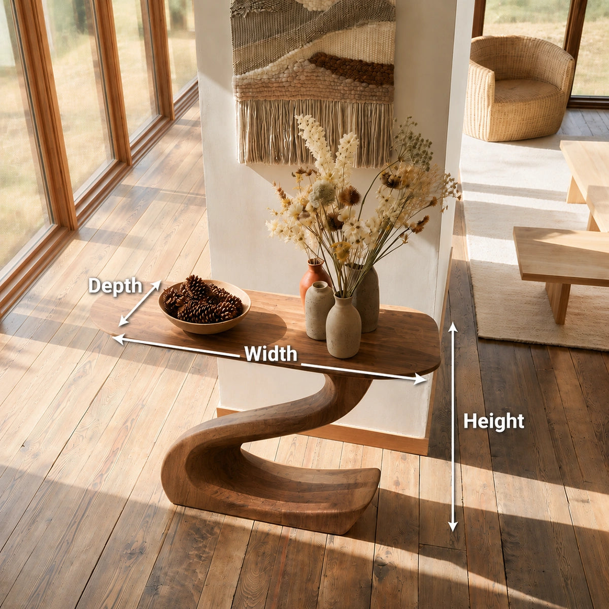 Sculptural Natural Solid Wood Console Table with Flowing S Curve Base