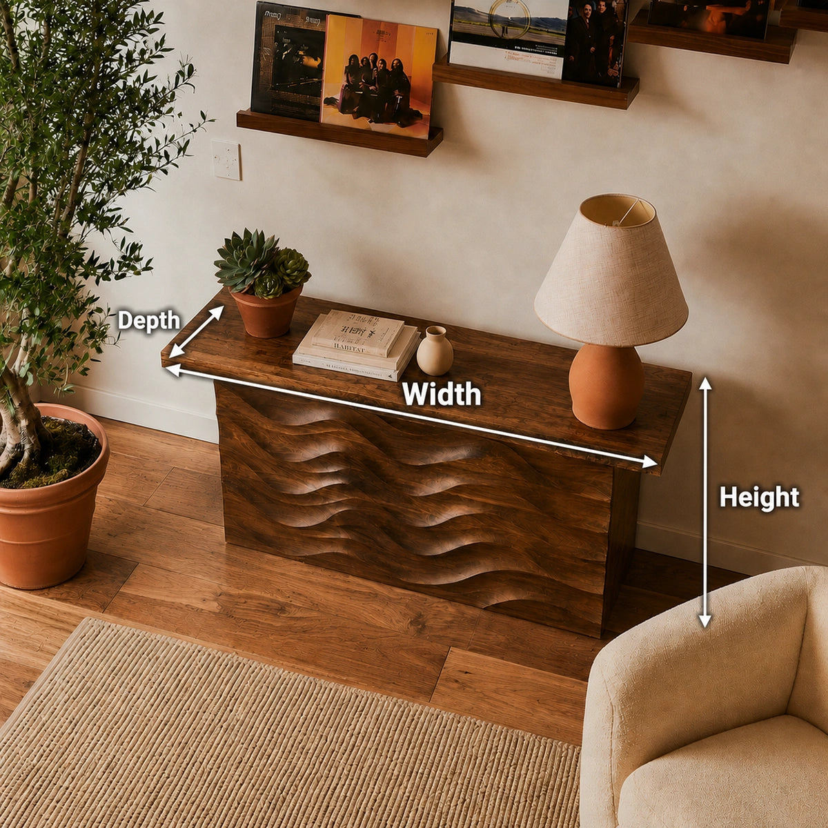 Wave Front Natural Solid Wood Sideboard Cabinet with Concealed Storage