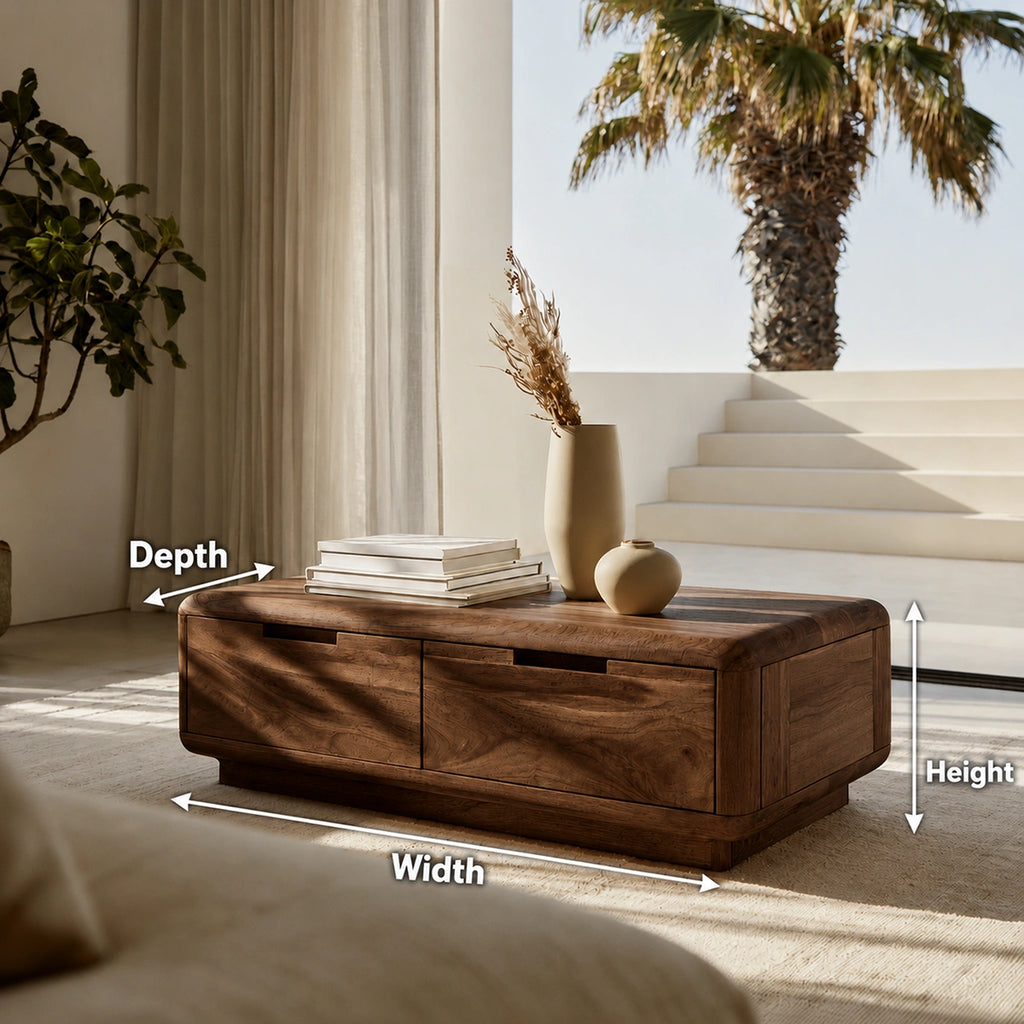 Natural Solid Wood Coffee Table – Rounded Modern Storage Style