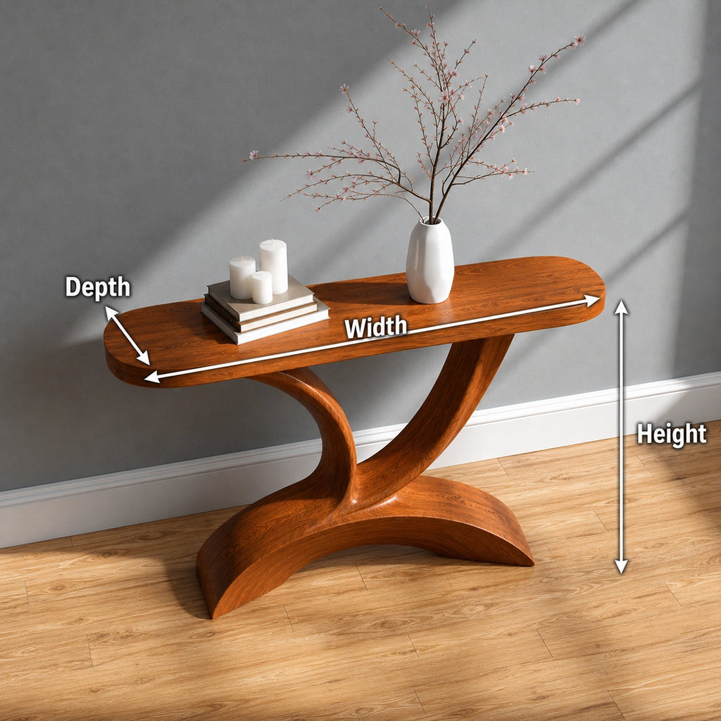 Sculptural Natural Solid Wood Console Table with Curved Pedestal Base