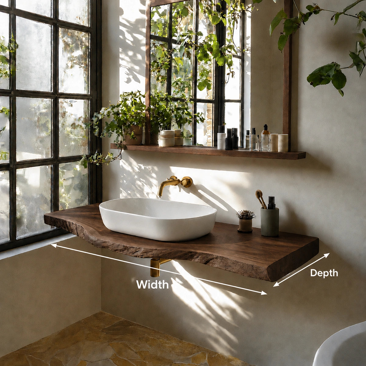 Natural Solid Wood Floating Bathroom Vanity with Sculptural Live Edge Top