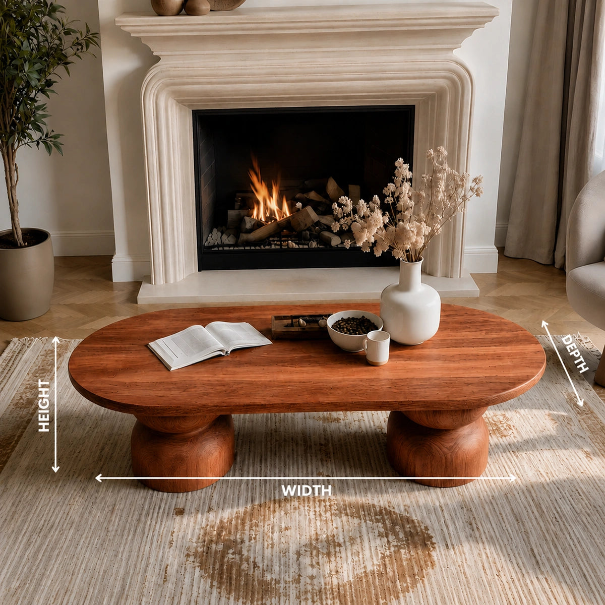 Natural Solid Wood Oval Coffee Table with Sculptural Hourglass Pedestal Legs