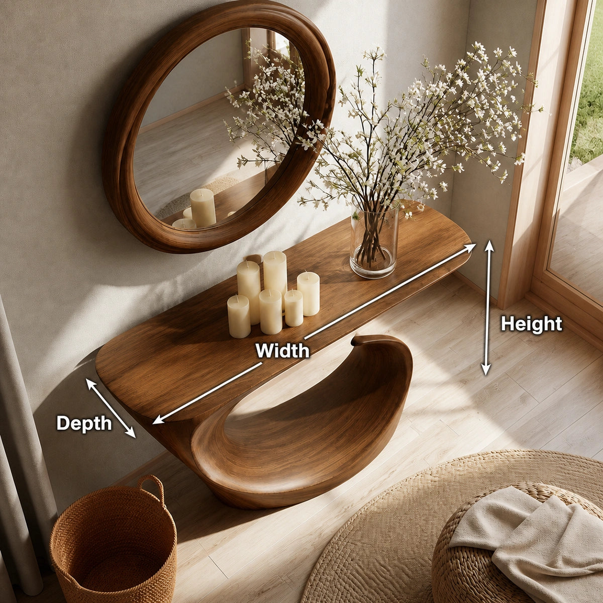 Wave Form Natural Solid Wood Console Table for Modern Entryways