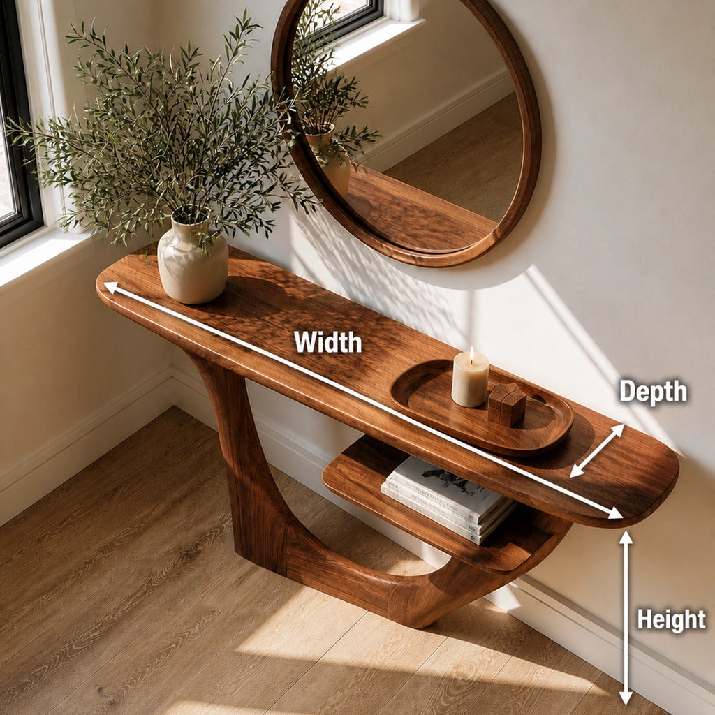 Natural Solid Wood Console Table with Sculptural Open Frame and Display Shelf