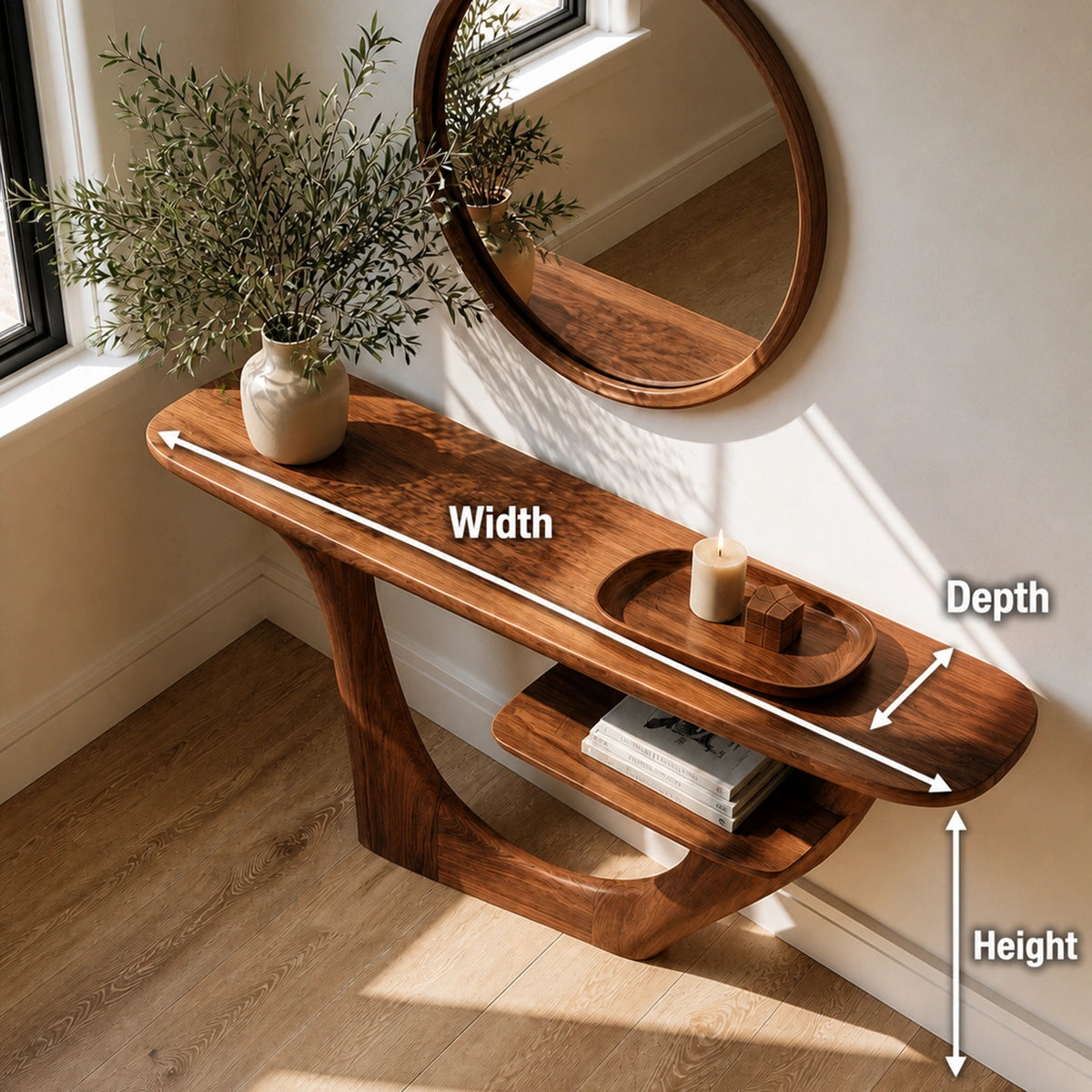 Natural Solid Wood Console Table with Sculptural Open Frame and Display Shelf