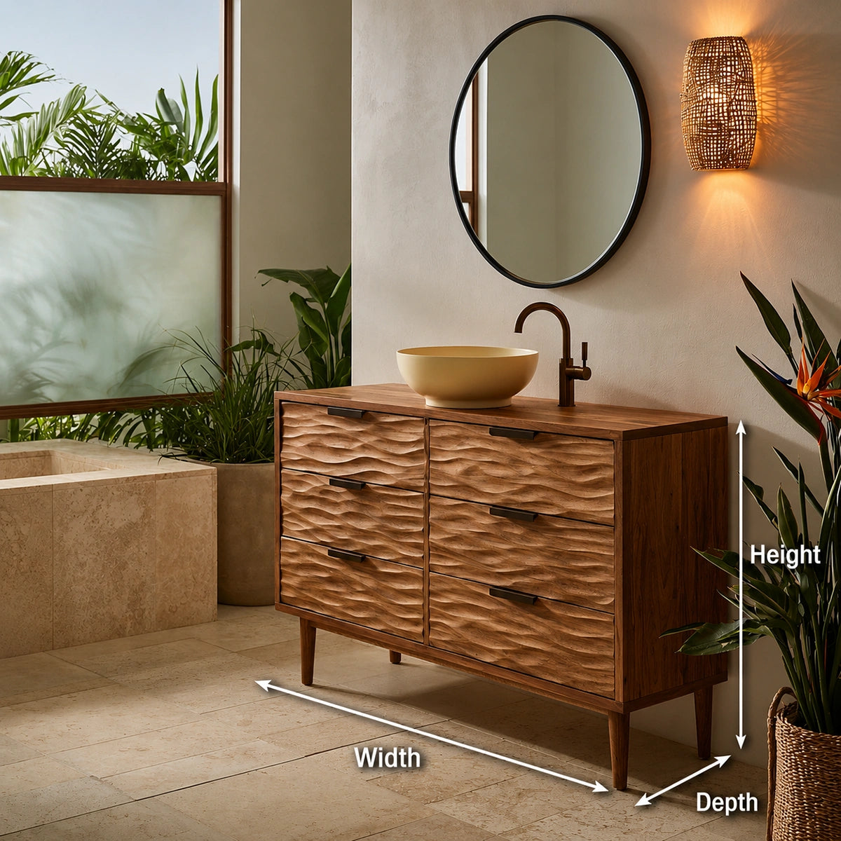 Solid Wood Bathroom Vanity Cabinet with Textured Drawer Fronts – Modern Rustic Floating Sink Console, Walnut Finish Storage Cabinet