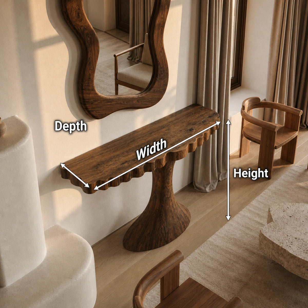 Pedestal Natural Solid Wood Console Table with Sculpted Edge